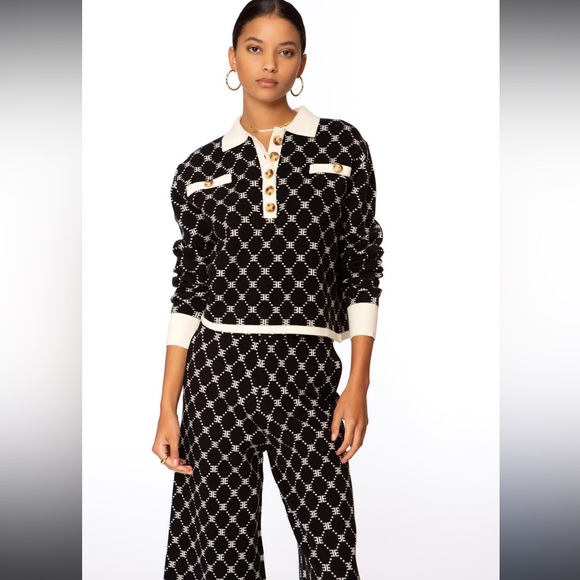 Ellandemm monogram collared wide leg knit set Small EUC black and white EE print - Picture 1 of 15
